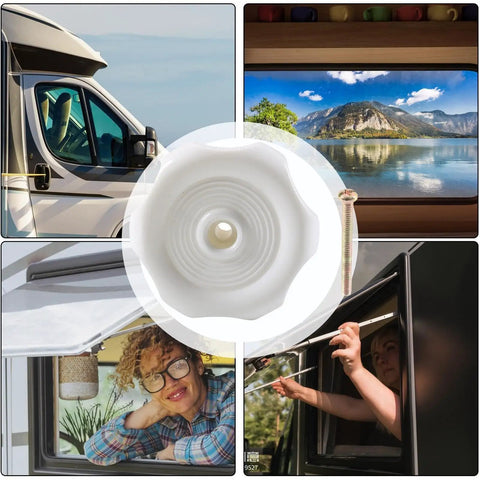 Dude, Upgrade Your Ride With This Smooth Twist Interior Window Latch Knob Designed For Most Rvs To Control Airflow And Keep The Vibe Fresh On Any Road Trip, white plastic knob and RV windows.