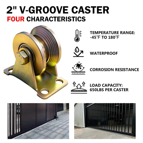 Close-up of 2-inch V-groove caster with mounting plate; 4-pack, 650 lbs per caster.