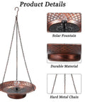 12.6 Inch Hanging Solar Bird Bath Fountain With Bronze Finish Sun Powered Bird Bath For Garden Patio And Lawn Decor Outdoor Hanging Bird Fountain That Attracts Hummingbirds And Songbirds, shown with solar fountain, durable material, metal chain
