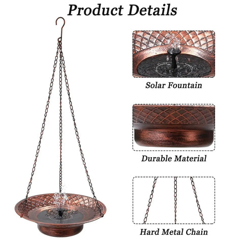 12.6 Inch Hanging Solar Bird Bath Fountain With Bronze Finish Sun Powered Bird Bath For Garden Patio And Lawn Decor Outdoor Hanging Bird Fountain That Attracts Hummingbirds And Songbirds, shown with solar fountain, durable material, metal chain