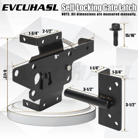 Heavy Duty Rock Solid Self Locking Gate Latch Post Mount Automatic Gravity Door Security Hardware Steel Black Finish For Backyard Pool Fence Upgrade showing size measurements and detailed components.