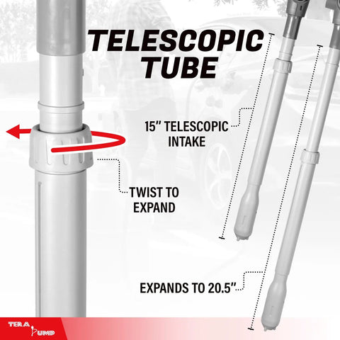 Heavy Duty Battery Operated Electric Chemical Transfer Pump With Adjustable Telescopic Suction Tube For Three To Twenty Gallon Drums Gas Cans And Pails Swivel Spout No Stress Duo Pack showing 15" telescopic tube with twist-to-expand feature.