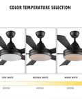 52 Inch Modern Ceiling Fan With Remote And Lights, 3 Color Temperature LED shown in cool, natural, and warm white settings