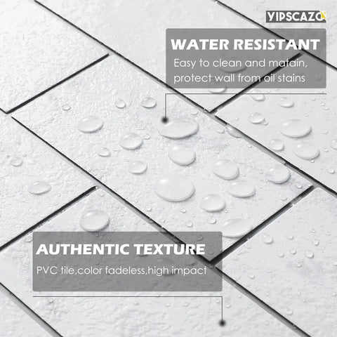 Stone White Peel And Stick Backsplash Tiles For Kitchen And More 12x12 Inch Self-Adhesive Subway Wall Tiles, text labels show water resistance and texture.