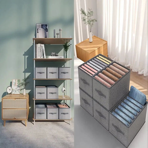 6 Pack Clothes Drawer Organizer Set With Built In PP Board For Jeans, Sweaters, T Shirts, Thin Coats, And Dresses in closet and stacked