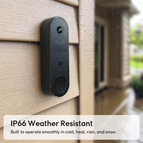2K HD Battery Wireless Doorbell Camera With Ring Chime mounted on wall, showing weather resistance and live viewing setup