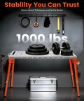 Heavy Duty Folding Welding Table With Adjustable Height And 1000 Lb Capacity Shop Grade Steel Workbench Built Tough For Sheet Metal Fab Portable Workstation Ready For Your Next Build with weights on top.