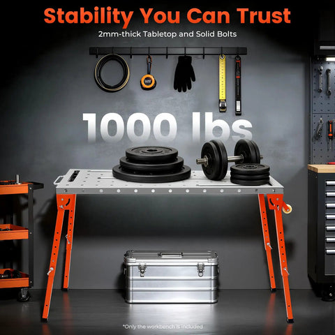 Heavy Duty Folding Welding Table With Adjustable Height And 1000 Lb Capacity Shop Grade Steel Workbench Built Tough For Sheet Metal Fab Portable Workstation Ready For Your Next Build with weights on top.