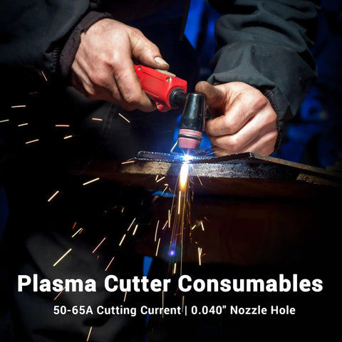 Person using plasma torch from All In One Plasma Cutter Consumables Kit With Torch Tips Nozzles Electrodes Shield Cups And Spacers For LTP5000D