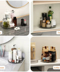 Two Pack Clear 9 Inch Lazy Susan Turntable Rotating Organizer Tray For Cabinet And Countertop Use Non Slip Round Spice Rack Refrigerator Kitchen Pantry Bathroom Storage holding skincare and bottles on vanity, cabinet, and bathroom surfaces.