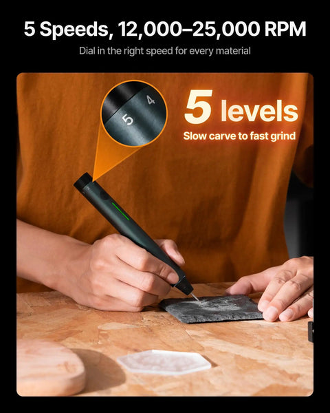 Daily Driver Portable Cordless Engraving Pen Handheld 5 In 1 Rotary Tool engraving on stone, showcasing 5 speed settings.