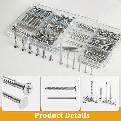 Picture Hanging Nails And Wood Screws Kit With 205 Finishing Nails And 145 Flat Head Screws in organizer box