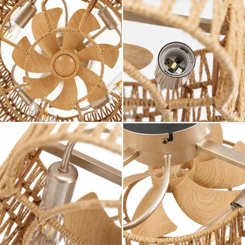 Close-up of Pixxrib Boho Caged Ceiling Fans with Lights for Bedroom Living room showing wooden fan blades and light fixture details.