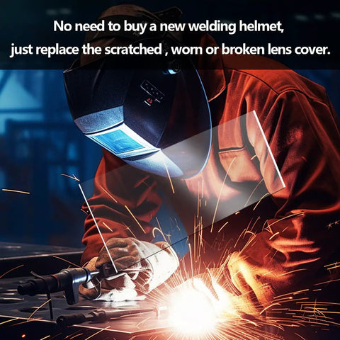 Slick Welding Helmet Cover Lens Replacement Kit Packs Twenty Heavy Duty Polycarbonate Filter Pads For Inside And Outside Use To Keep Your Welding Mask Visor Crack Free And Pristine On The Shop Floor. Worker welding with helmet and sparks.