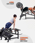 Women using All In One Leg Day Beast Machine With Leg Press, Leg Extension, Seated Leg Curl, And Adjustable Workout Bench in home gym