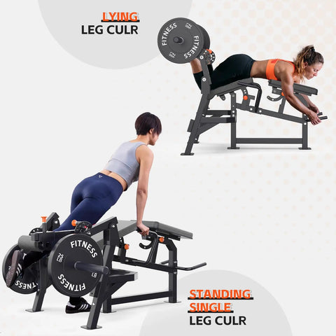 Women using All In One Leg Day Beast Machine With Leg Press, Leg Extension, Seated Leg Curl, And Adjustable Workout Bench in home gym