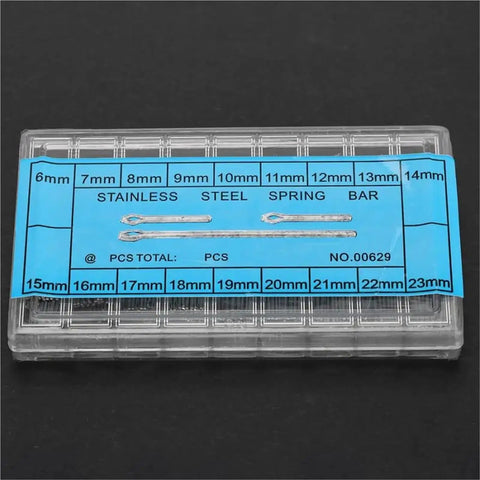 Spring Bars Assortment Kit 6 To 23mm Tungsten Steel U Shaped Watch Band Pins in storage box, labeled sizes visible