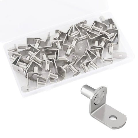 Dead Nuts Secure Quarter Inch L Shaped Shelf Pegs 40 Pack Cabinet Bracket Pins in clear storage container