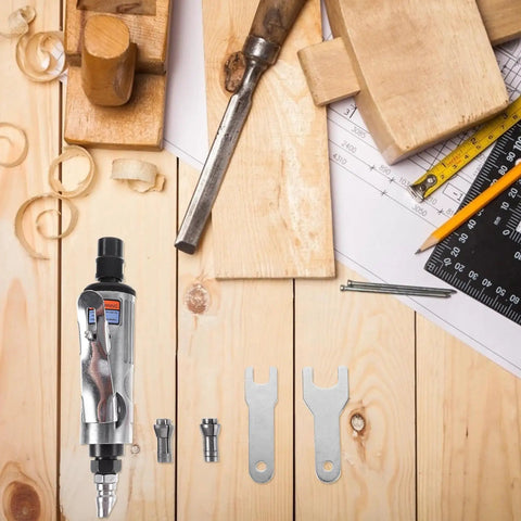 Compact Pneumatic Air Pencil Die Grinder With Heavy Duty Steel Build For Precision Engraving And Polishing Tasks on a wooden workbench
