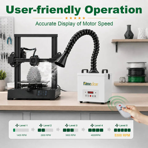 FC-100A Fume Extractor With Remote Control and 3 Stage Filtration System next to 3D printer, demonstrating operational levels.