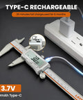 6 Inch Digital Caliper With Rechargeable Battery And Large Backlit LCD For Ultra Precise Measurements In Inches Millimeters And Fractions, Type C Charge, No More Battery Replacements, The Go To Tool For 3D Printing Woodworking And DIY. shown charging via Type-C cable