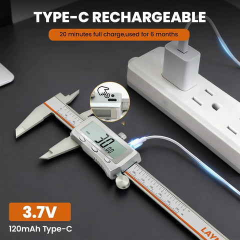 6 Inch Digital Caliper With Rechargeable Battery And Large Backlit LCD For Ultra Precise Measurements In Inches Millimeters And Fractions, Type C Charge, No More Battery Replacements, The Go To Tool For 3D Printing Woodworking And DIY. shown charging via Type-C cable