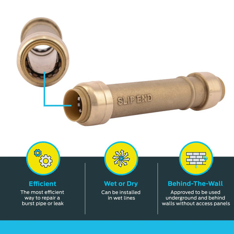 Half Inch Slip Coupling Push To Connect Brass Plumbing Fitting For PEX Copper CPVC PE-RT HDPE Quick No Fuss Repair For Leaks And Burst Pipes Full Flow Design Uses Disconnect Clip Diy Friendly shown with slip end detail in gold brass material, highlighting efficiency, wet or dry installation, and behind-the-wall use.