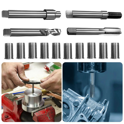 M12x1.5 Thread Repair Kit With 24.5mm Stainless Steel Inserts, DIY Auto Fix For Damaged M12 Female Threads, Simple Drill Friendly Repair Toolset, Includes 10 Inserts For Quick Home Or Shop Repairs tools and inserts displayed with usage examples on automotive parts