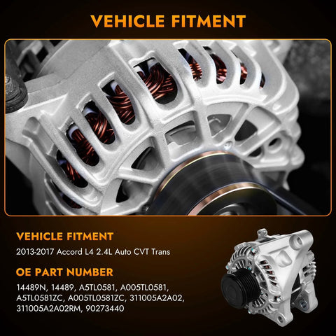 Premium Alternator Replacement For 2013 To 2017 Accord 2.4L 4 Cylinder, Easy Install With Direct Fit, OE Standard Quality