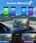 Wireless CarPlay And Android Auto 7 Inch HD Touch Screen Car Stereo with mirror link displayed in a car with screen mirroring apps.