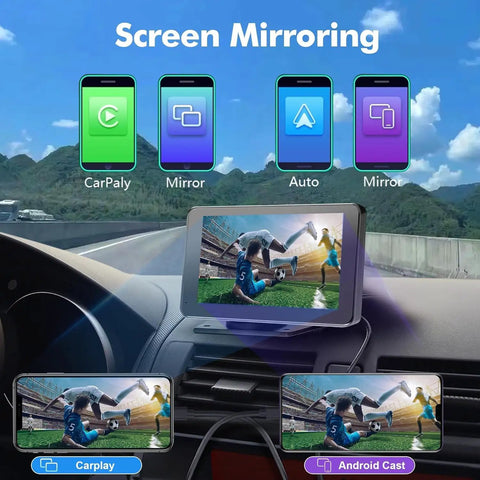 Wireless CarPlay And Android Auto 7 Inch HD Touch Screen Car Stereo with mirror link displayed in a car with screen mirroring apps.