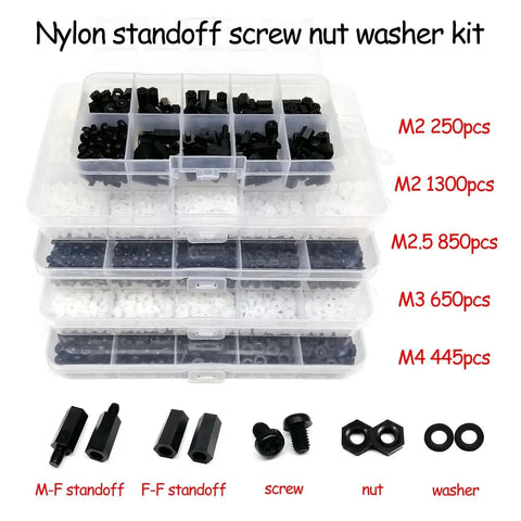 Three Sets Of M2 M2.5 M3 M4 Nylon Hex Spacer Columns Standoff Kit For PCBs And Motherboards With Screws Nuts And Washers Black 850 Pieces black organizer box