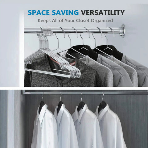 Stainless Steel Wire Coat Hangers Heavy Duty Ultra Thin Space Saving 10 Pack 17.7 Inch Hangers on Closet Rod With Shirts