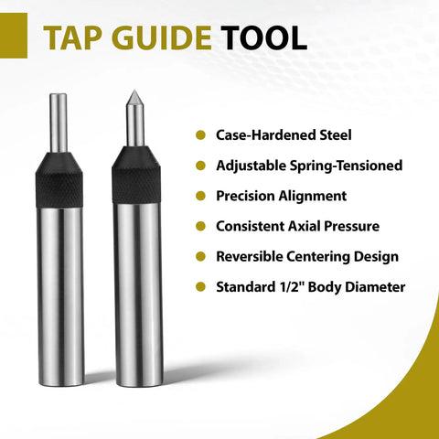 Pro Grade Adjustable Spring Loaded Tap Guide For Precise Tap Alignment And Square Start To Prevent Cross Threading During Hand Tapping On Lathes Mills And Jig Borers With A One Half Inch Hardened Shank Diameter High Precision Machinist Tool displayed with case-hardened steel, adjustable spring-tensioned design on a white background.