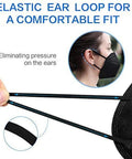Elastic ear loop detail of Five-Layer KN95 Face Mask Pack Of 20 Black Masks For Outdoor And Indoor Use, 95%+ Particle Filtration
