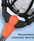 Close-up of reinforced locking switch on Foldable Lightweight Landing Net With Built In Length Scale And 61In Extendable Aluminum Handle Floating Design