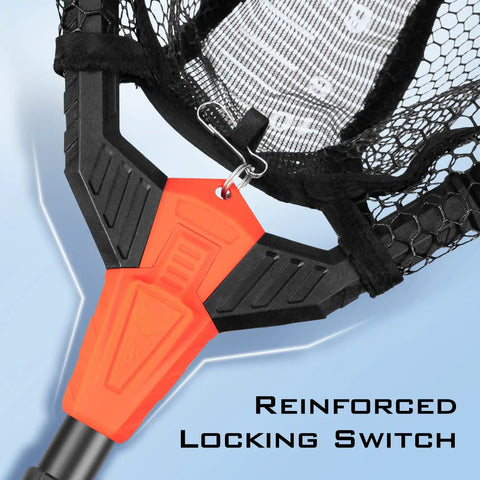 Close-up of reinforced locking switch on Foldable Lightweight Landing Net With Built In Length Scale And 61In Extendable Aluminum Handle Floating Design