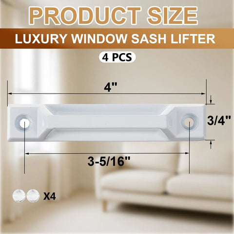 4 Pack Window Sash Lift Handles for Double Hung Frames Heavy Duty Die Cast Zinc Construction with size measurements 3-5/16 Inch Kit.