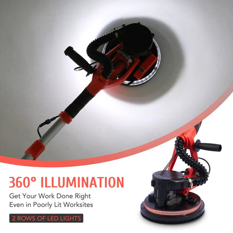 800W Electric Drywall Sander With Vacuum Attachment And Lights, LED lights illuminating wall surface during use