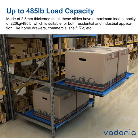 Warehouse shelving showcasing 52 Inch Beefy Industrial Grade Heavy Duty Drawer Slide Without Lock A76 Black Electroplated Cold Rolled Steel.