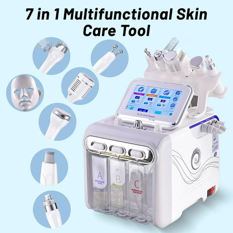 7 In 1 Hydrogen Oxygen Facial Machine for Skin Care with multifunction modes and detachable components displayed.