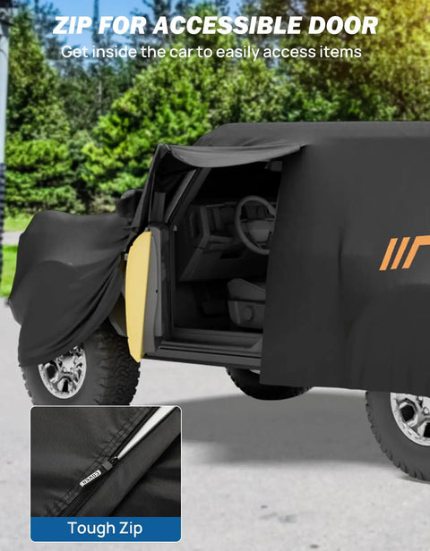 Bronco 4 Door Car Cover 2021 2026 Waterproof All Weather Protection With Zipper Entry showing open door access and tough zip detail.