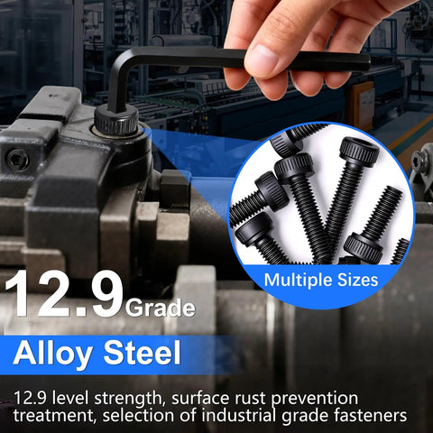 Top Shelf 1016 Piece M2.5 Hex Socket Screw Kit With Nuts And Washers Hella Sturdy Grade 12.9 Alloy Steel Metric Fasteners close-up of screws.