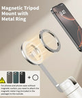 Magnetic tripod mount with metal ring attaching iPhone to 68 Inch Magnetic Selfie Stick Tripod With Aluminum MagSafe Holder.