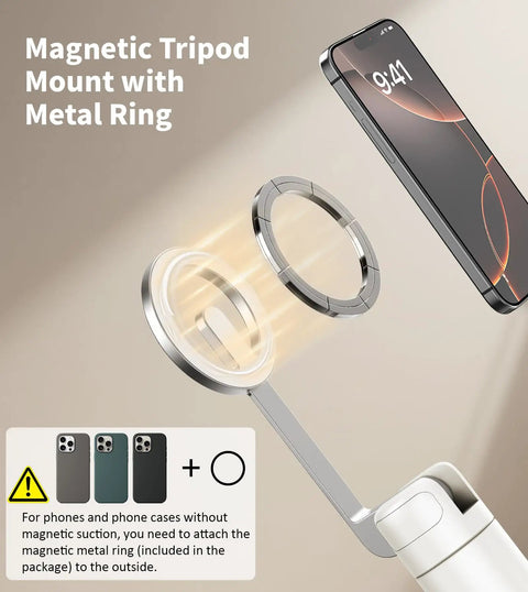 Magnetic tripod mount with metal ring attaching iPhone to 68 Inch Magnetic Selfie Stick Tripod With Aluminum MagSafe Holder.