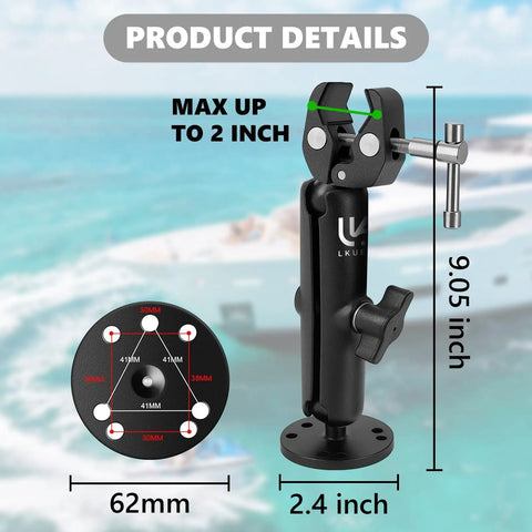 Diagram of Anti Vibration Trolling Motor Stabilizer Mount For Yaks And Small Boats, 9.05 inch arm, adjustable, universal fit.