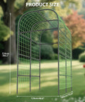 Metal Garden Arch Trellis Black 7.3 Ft in garden, dimensions displayed, space saving vertical plant support for raised beds.
