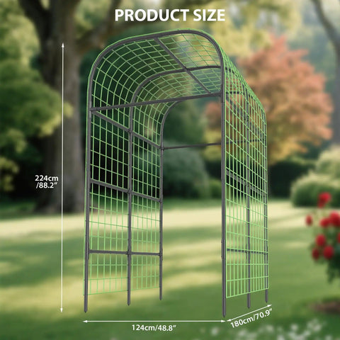 Metal Garden Arch Trellis Black 7.3 Ft in garden, dimensions displayed, space saving vertical plant support for raised beds.
