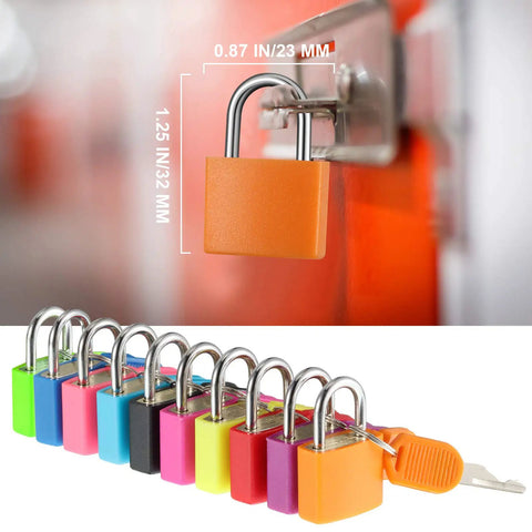 4 Pack Multicolor Metal Luggage Locks With Keys Keyed Padlocks Plastic Covered Copper For Suitcases Backpacks Boxes Laptop Bags And School Lockers Durable Rustproof For Travel And Daily Use, showing size and a key inserted