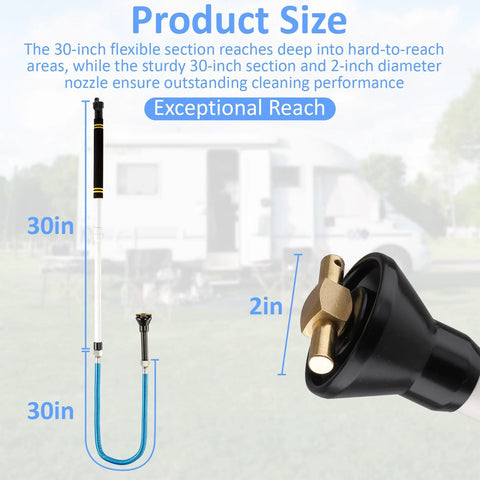 RV black tank cleaning wand with 30in reach, blue hose, 304 stainless steel body, sealing ring, brass nozzle